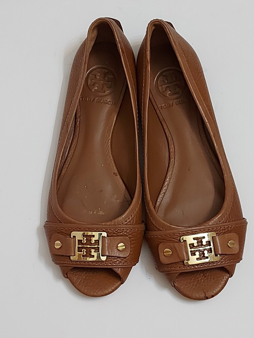 Tory Burch Brown Leather Peep-Toe Flats with Gold Logo